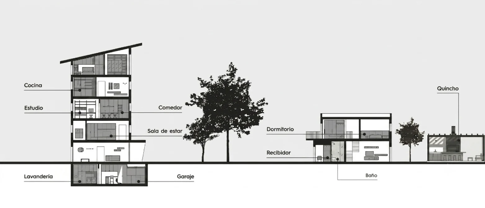 Los ambientes de una casa amoblados por reno: cocina, estudio, comedor, sala de estar, dormitorio, recibidor, baño, quincho, lavandería y garaje.